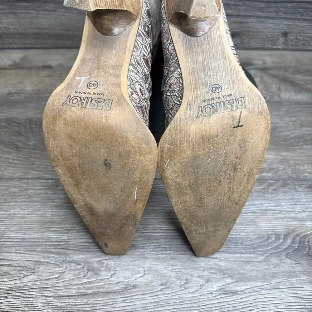 Vintage Destroy Women Sz 9-9.5  Snakeskin Tooled Leather Pointed High Heel Boots